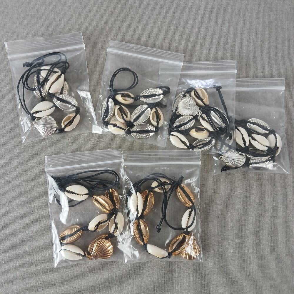 6 Seashell Anklet Bracelets OSFA black cord tie closure half shells silver gold - Picture 2 of 8